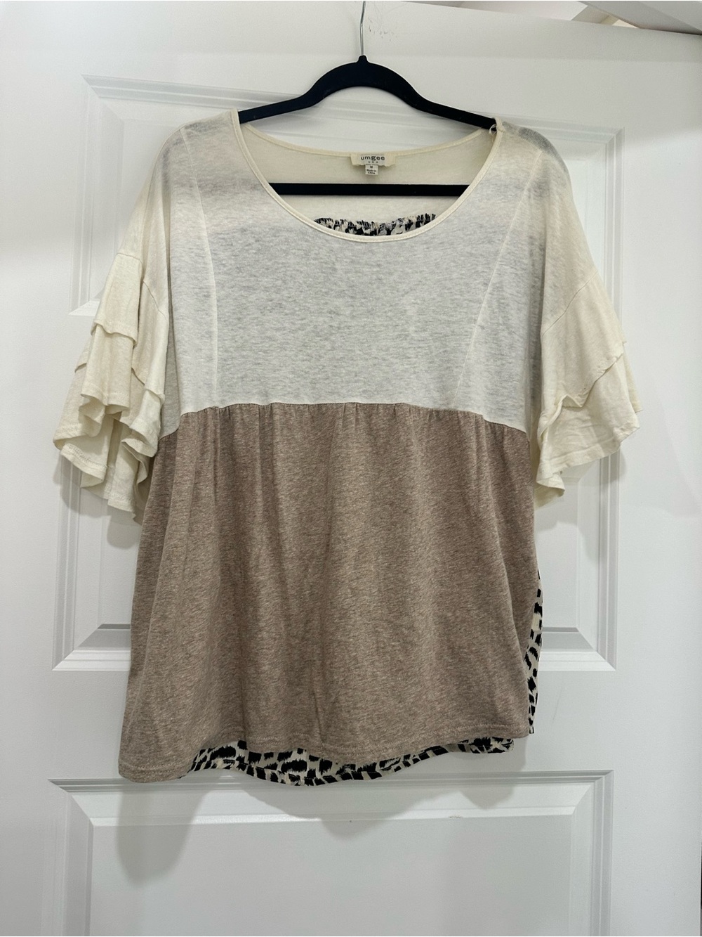 Umgee Cream and Taupe Colorblock Ruffle Sleeve Top with Cheetah Print on Back